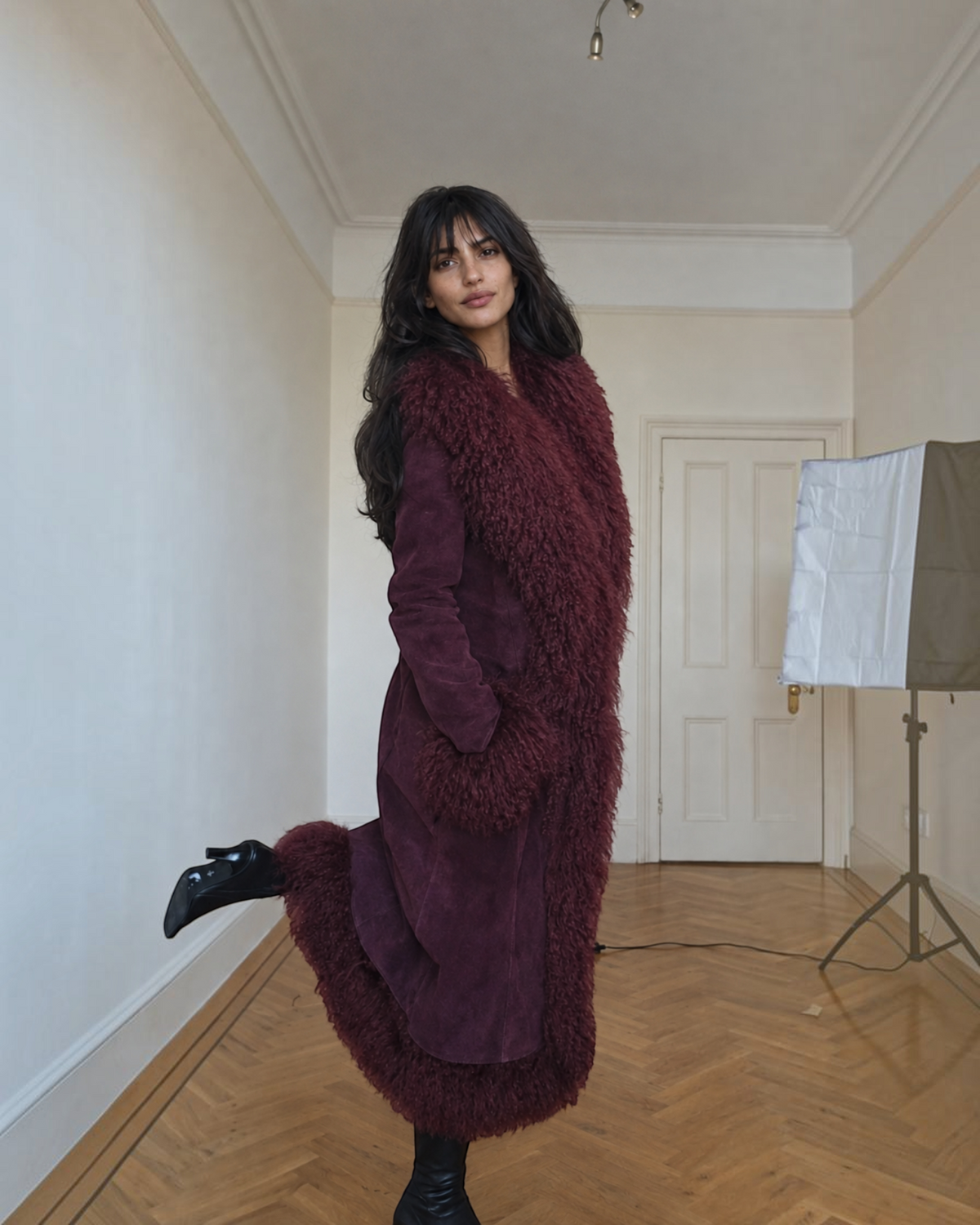 Mona premium Afghan coat by Aql&Nafs in violet goat suede with Mongolian shearling