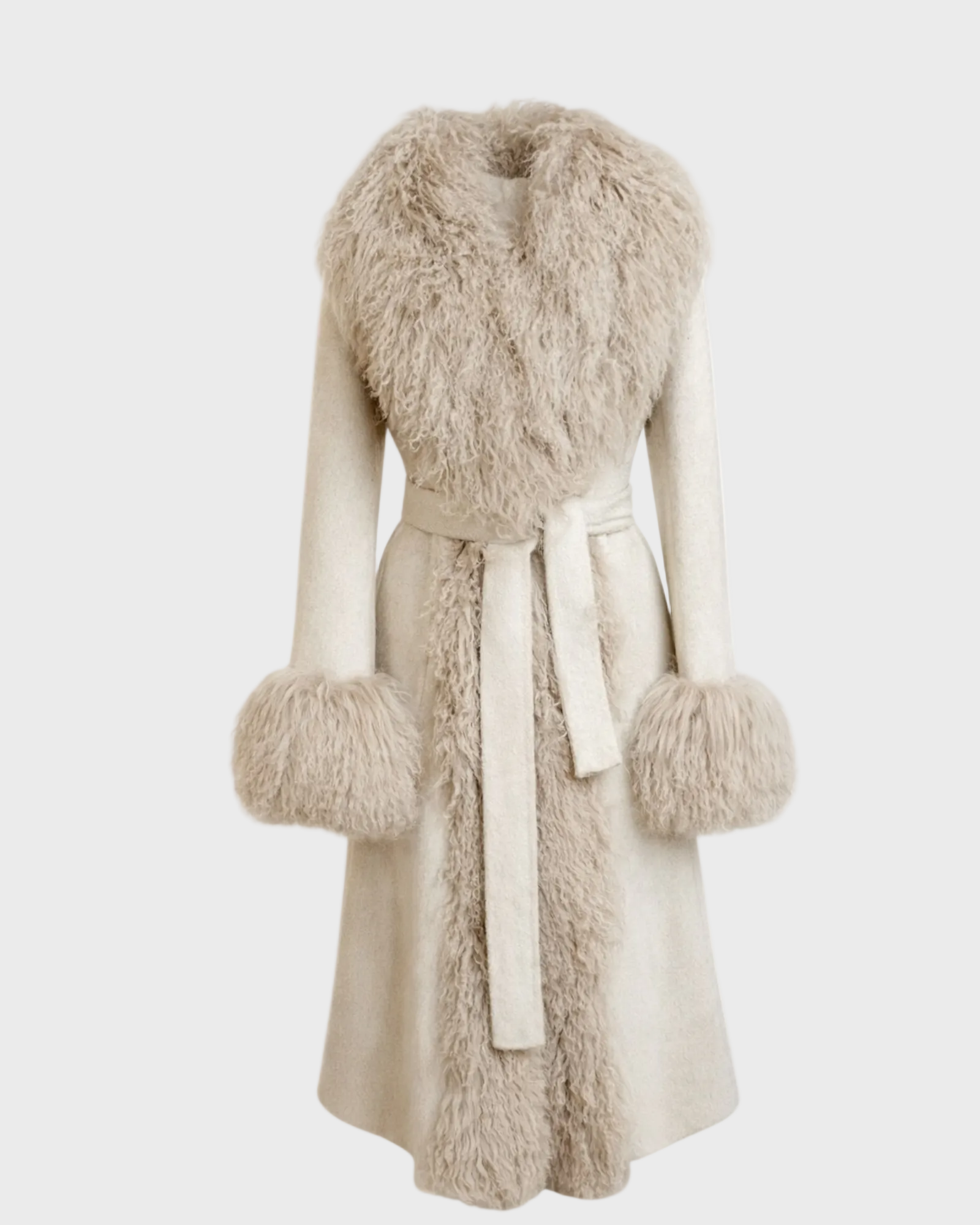 Beige coat with fur trim on a white background