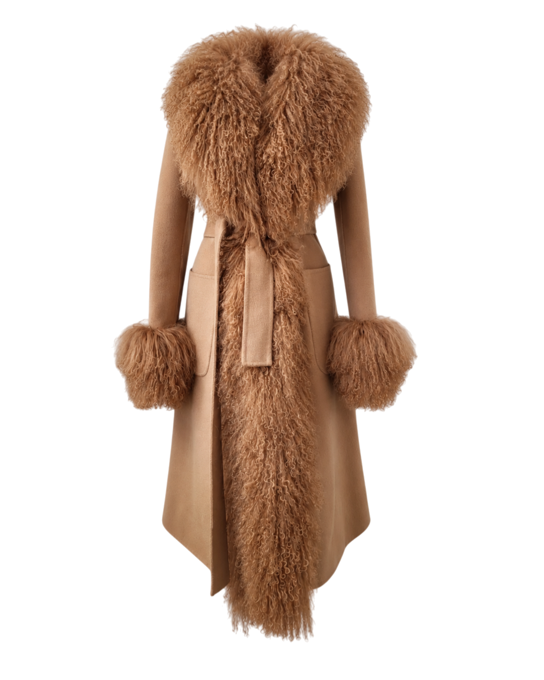 Sofia coat by Aql&Nafs in camel cashmere-wool with shearling at collar and cuffs