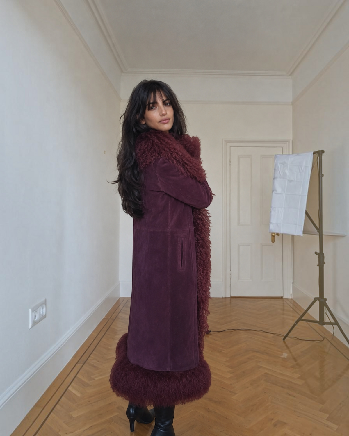 Mona premium Afghan coat by Aql&Nafs in violet goat suede with Mongolian shearling