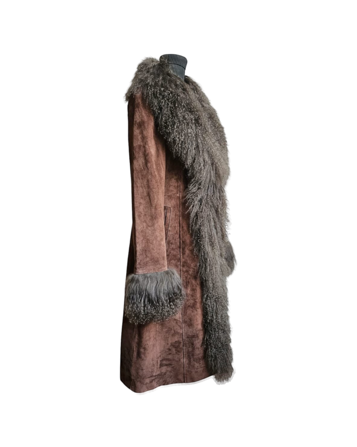 Mina coat by Aql&Nafs in brown suede with grey Mongolian shearling at collar and cuffs