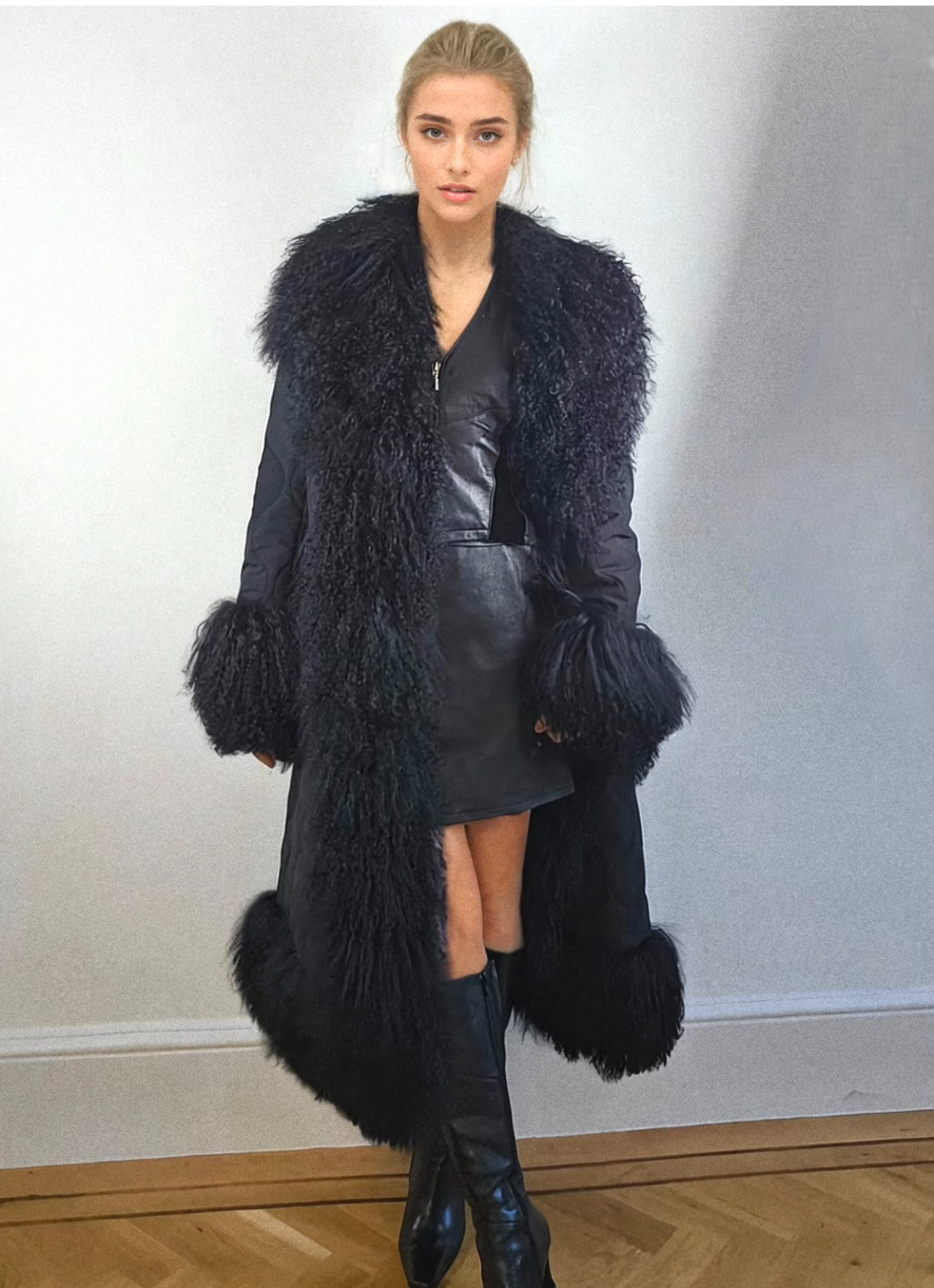 Lani black quilted down coat by Aql&Nafs with Mongolian shearling trim
