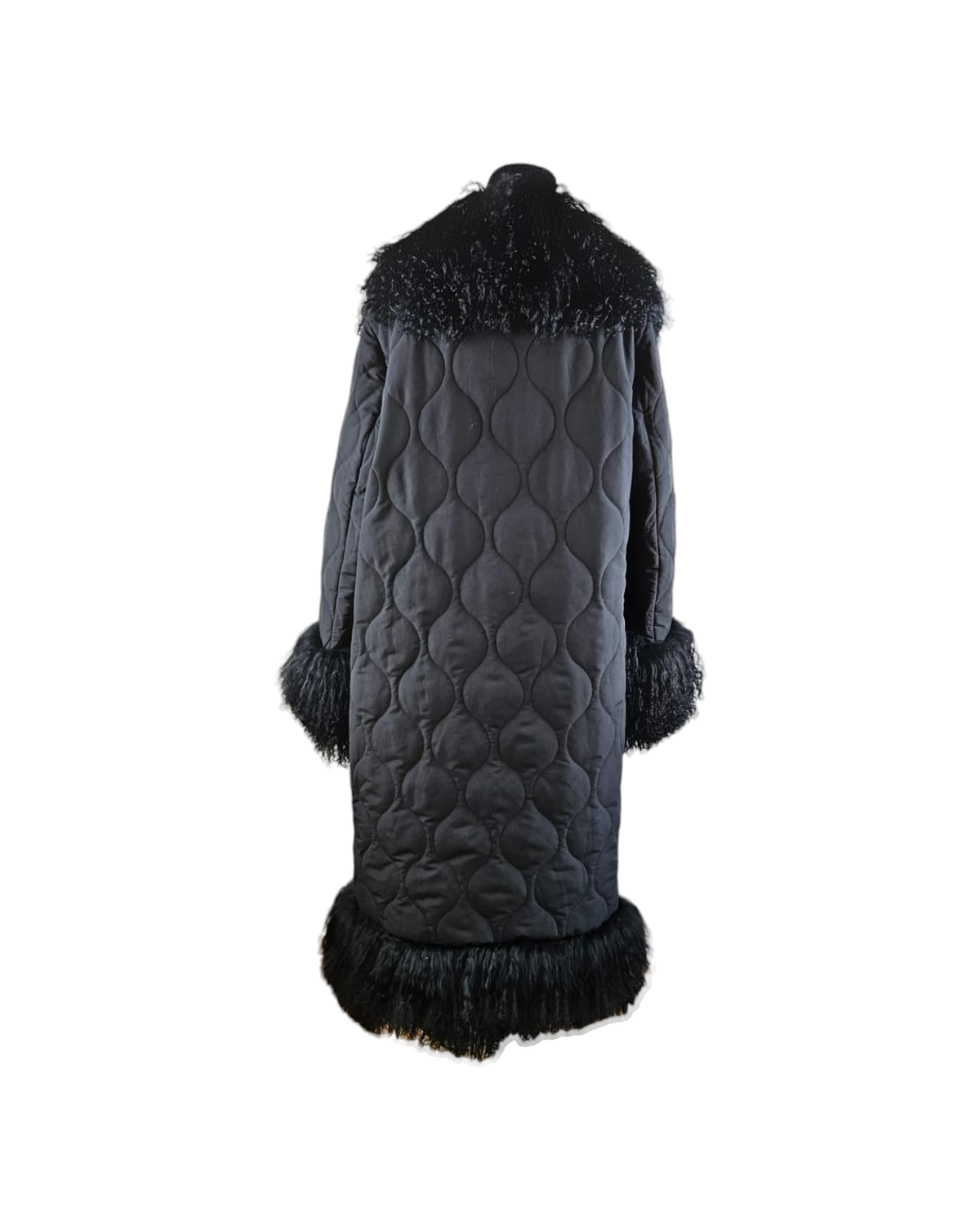 Lani black quilted down coat by Aql&Nafs with Mongolian shearling trim