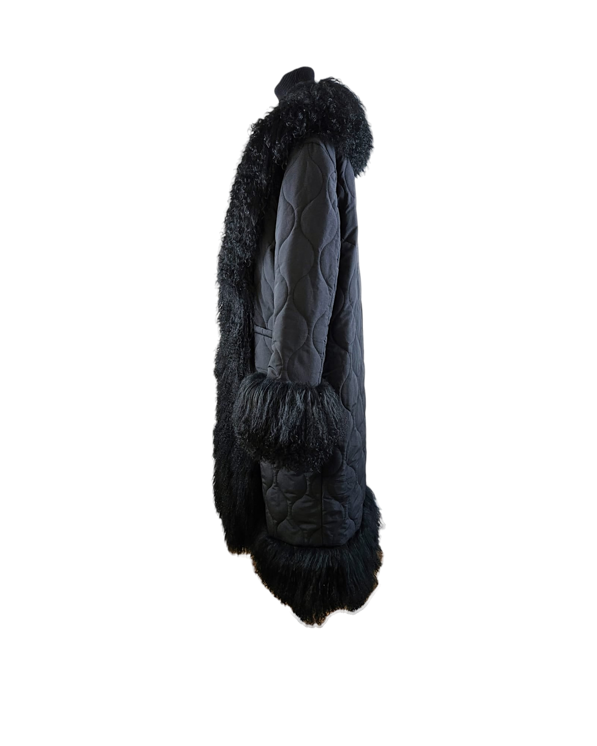 Lani black quilted down coat by Aql&Nafs with Mongolian shearling trim