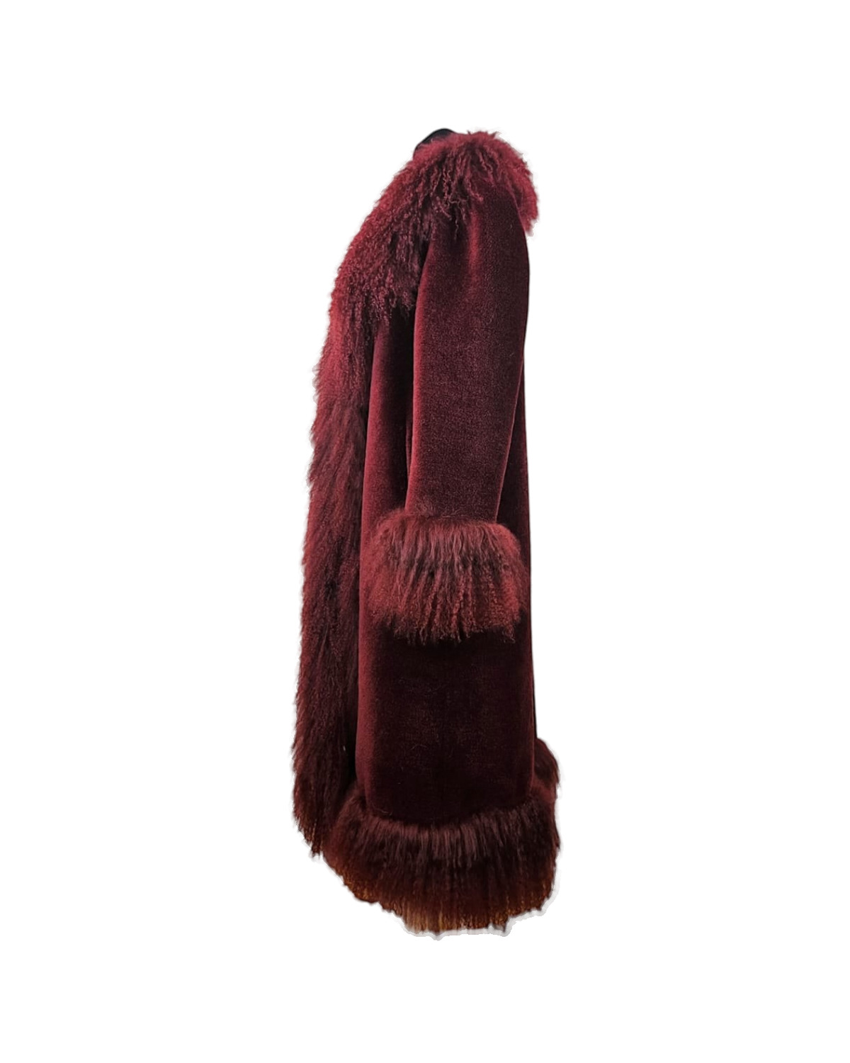 Zarmina dark red teddy coat by Aql&Nafs with long Mongolian shearling trim