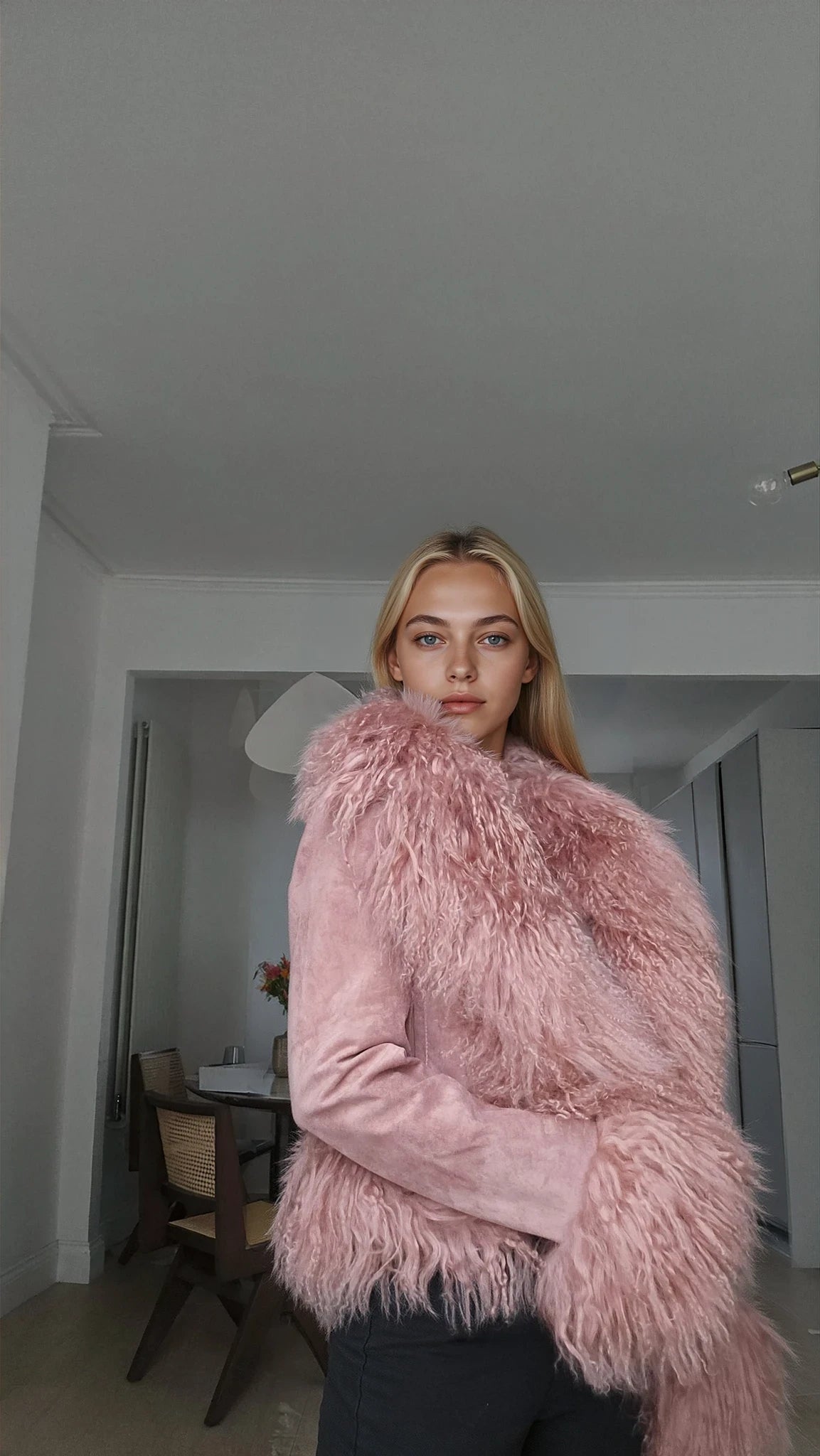 Cropped Shearling Jacket in Dusty Pink #Colour_Dusty Pink