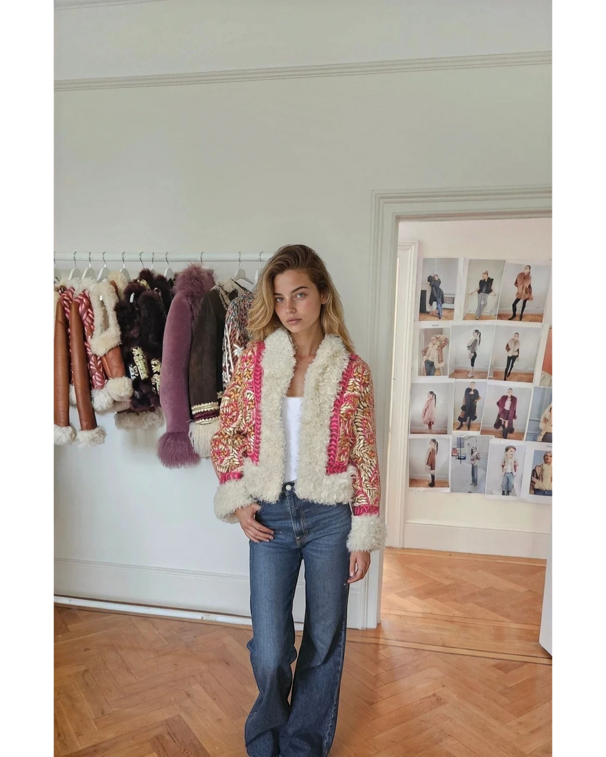 Nazia handmade Afghan cropped jacket by Aql&Nafs – pink-gold embroidery, cream shearling