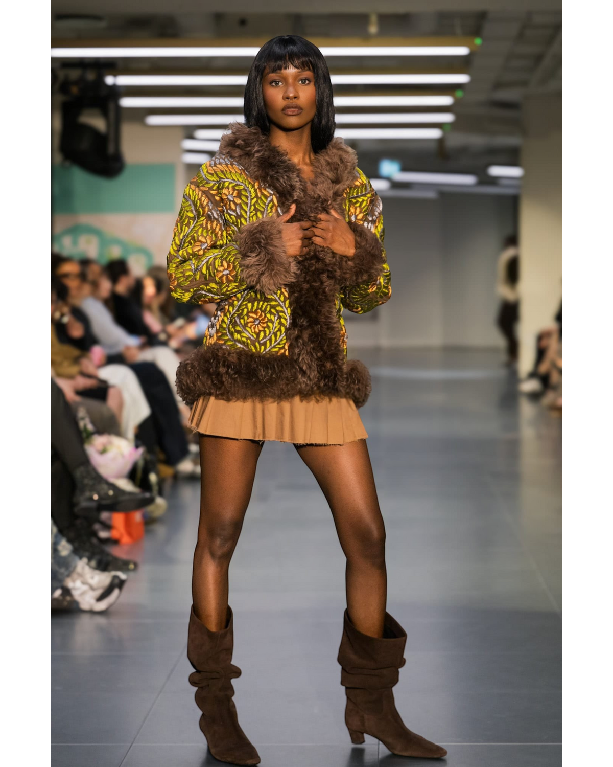 Zohra handmade Afghan jacket by Aql&Nafs – green and gold embroidery, brown shearling