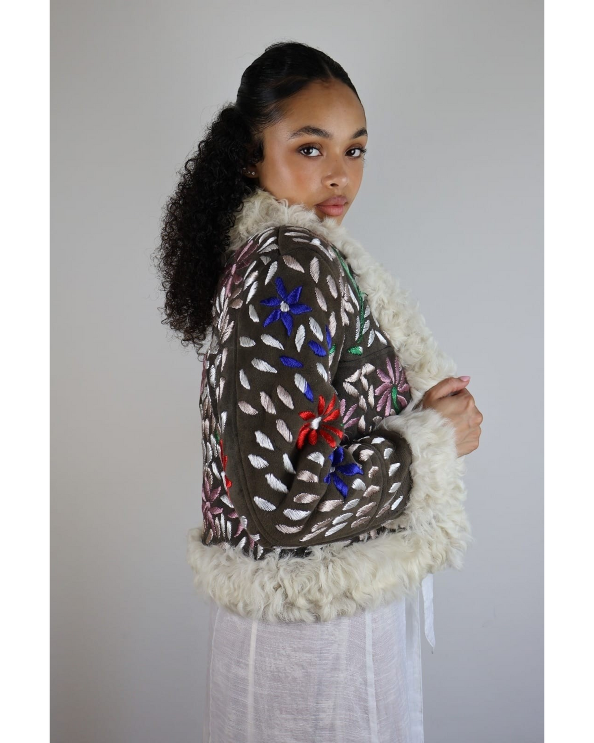 Amina handmade Afghan jacket by Aql&Nafs – floral embroidery, shearling trim
