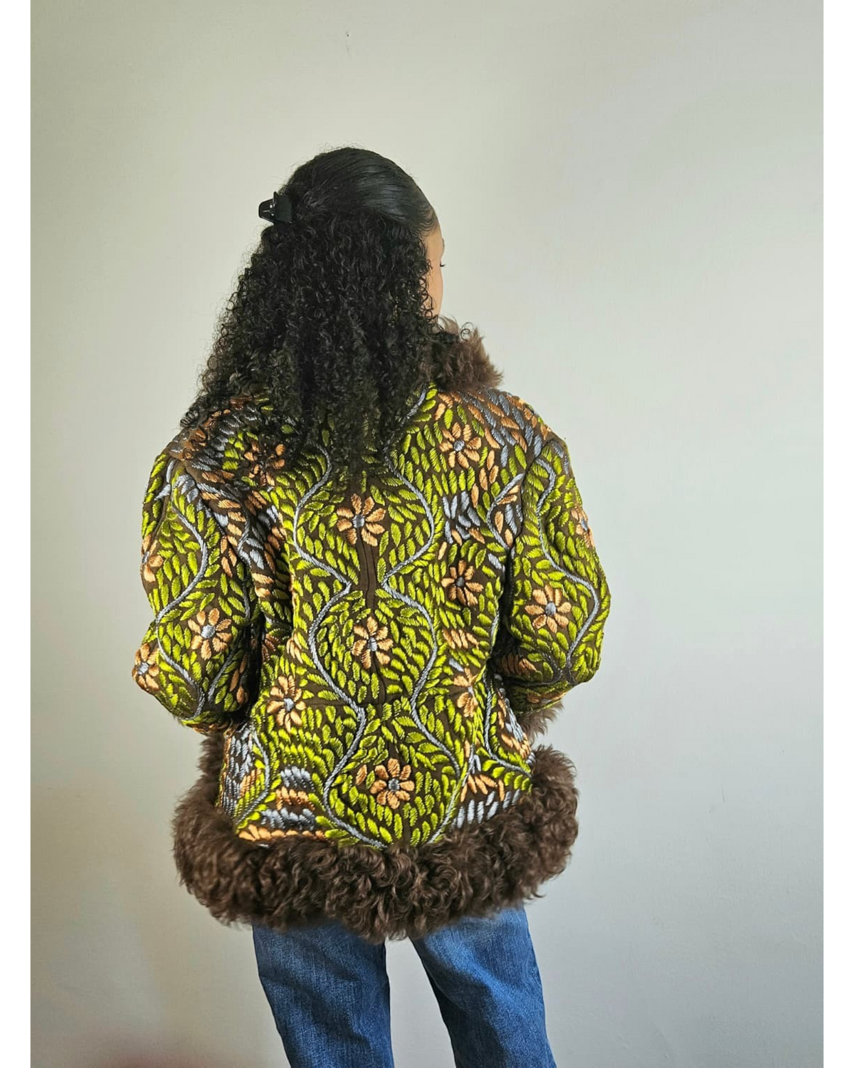 Zohra handmade Afghan jacket by Aql&Nafs – green and gold embroidery, brown shearling