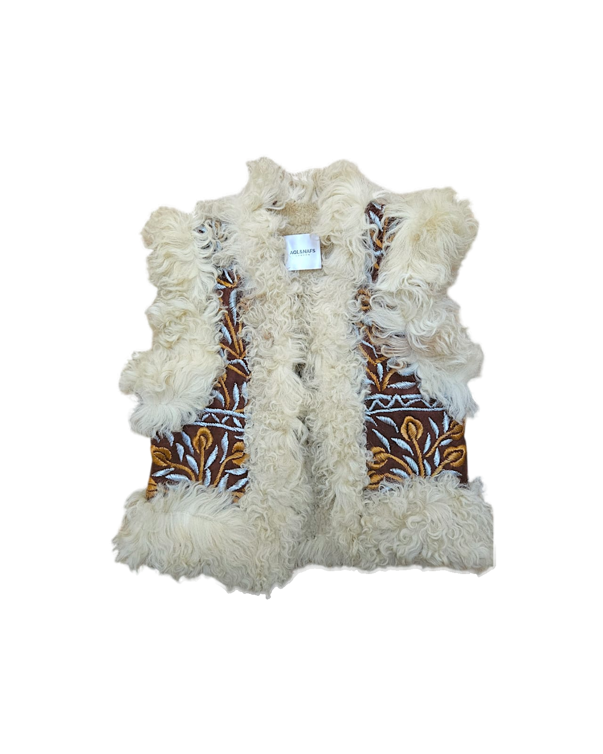 Saba handmade Afghan vest by Aql&Nafs – suede, hand embroidery, curly shearling