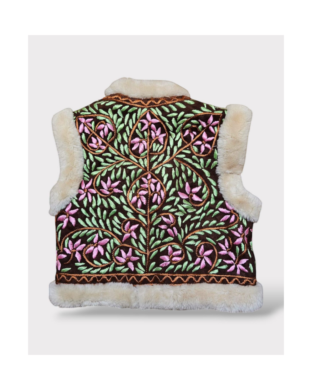 Nasrin handmade Afghan vest by Aql&Nafs – ivory shearling, violet and green floral embroidery