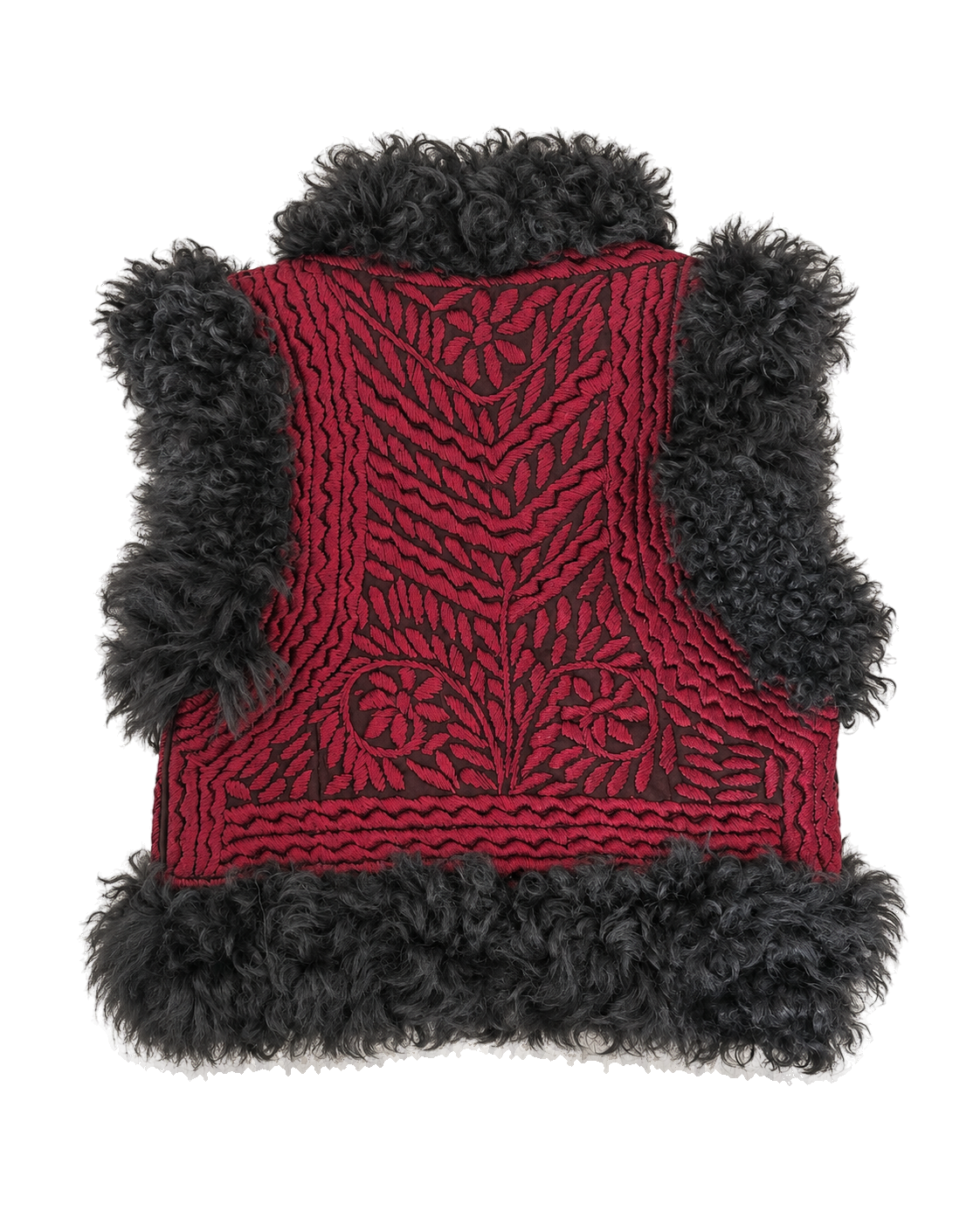 Nadim handmade Afghan vest by Aql&Nafs – brown leather, red embroidery, black shearling