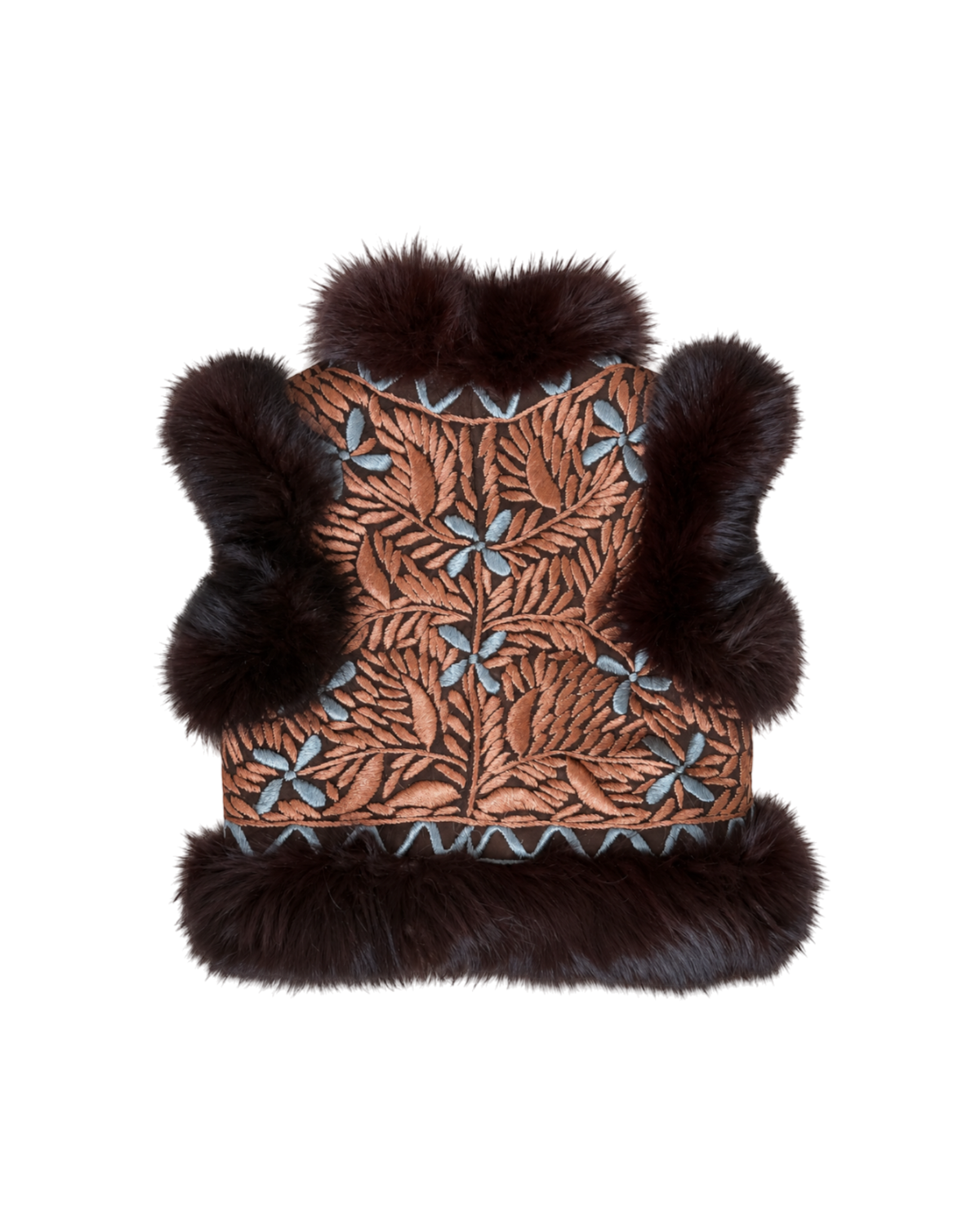 Mastana handmade Afghan vest by Aql&Nafs – gold embroidery, brown rabbit fur