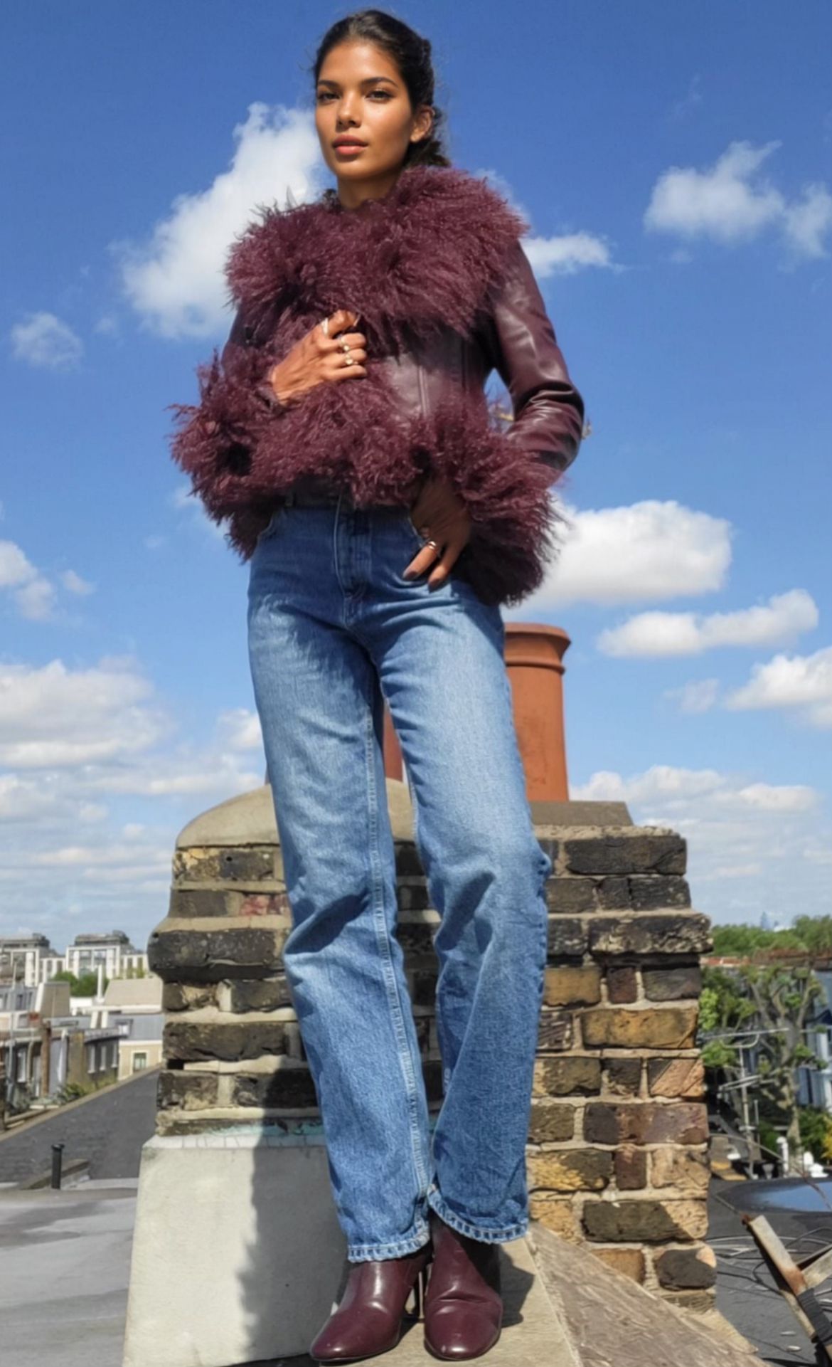 Cropped Shearling Jacket in Burgundy #Colour_Burgundy