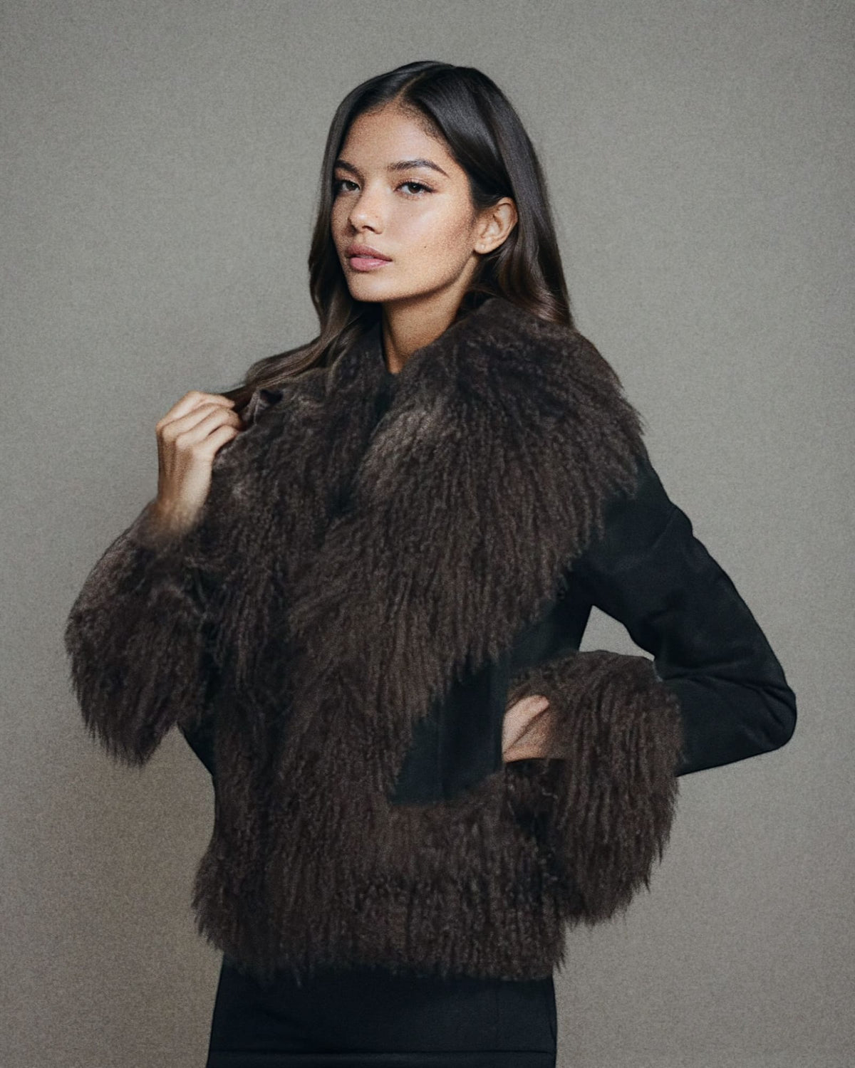 Cropped Shearling Jacket in Black & Brown #Colour_Black & Brown
