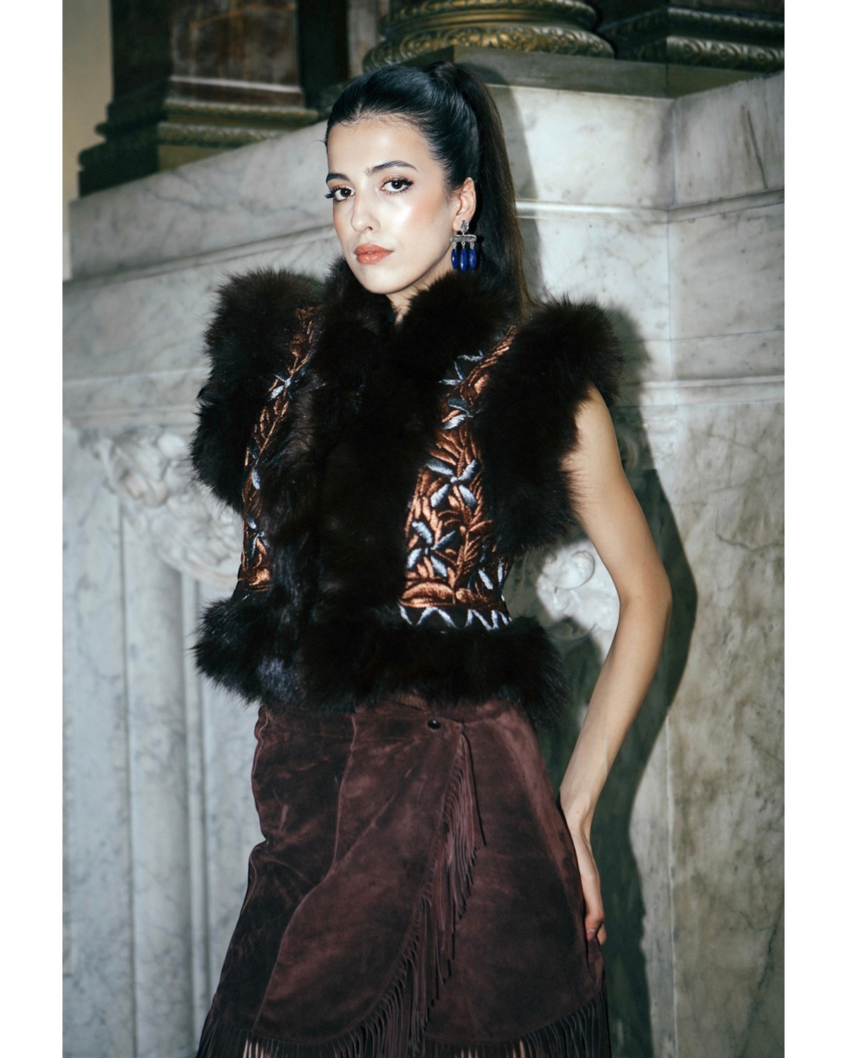 Mastana handmade Afghan vest by Aql&Nafs – gold embroidery, brown rabbit fur