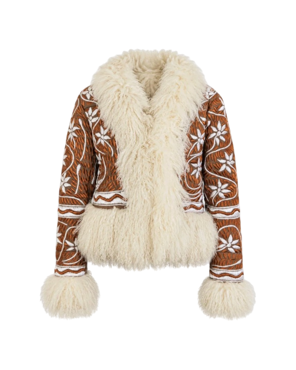 Aql&Nafs Ghazali cropped jacket aus kupferfarbenem Wildleder mit elfenbeinfarbener Handstickerei und Lammfellbesatz.