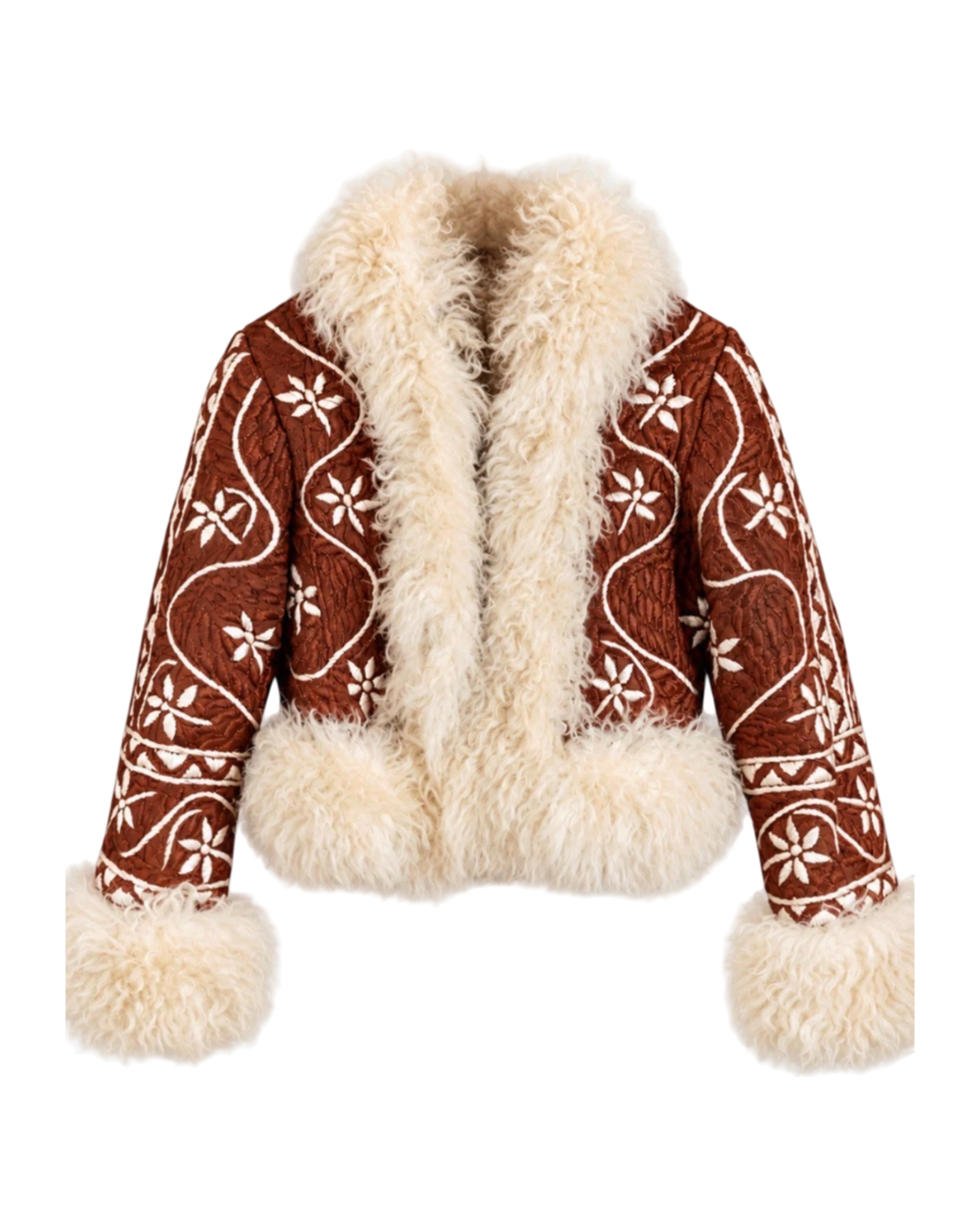 Ghazalia handmade Afghan cropped jacket by Aql&Nafs – copper suede, ivory embroidery, shearling