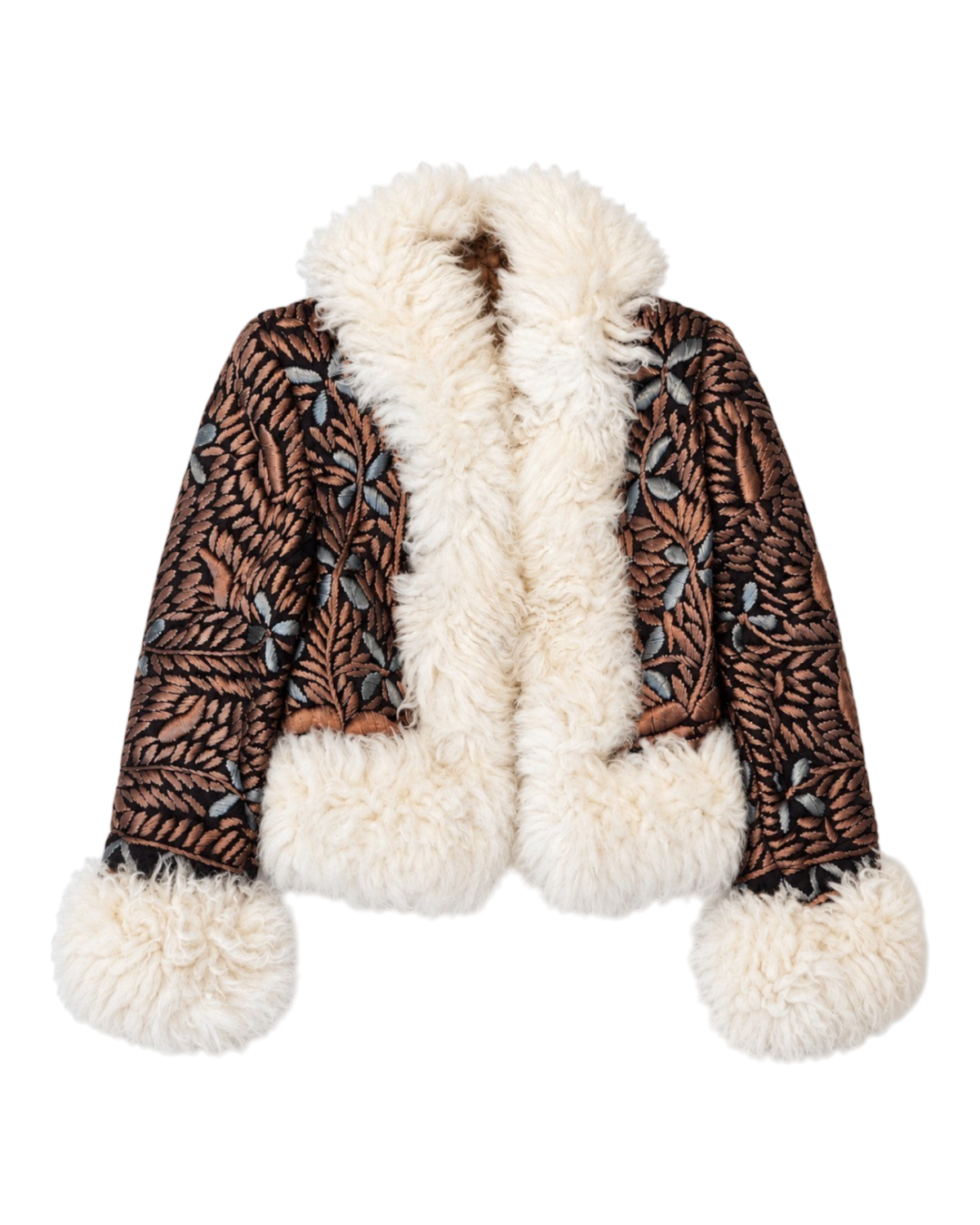 Aql&Nafs Hamida Jacke aus braunem Wildleder mit handgestickten Blumenmustern und cremefarbenem Lammfellbesatz.