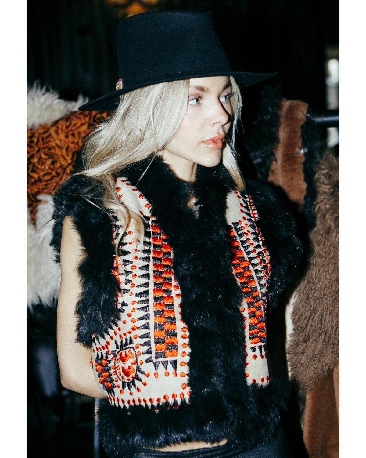 Lolaka handmade Afghan vest by Aql&Nafs – suede, red embroidery, black curly shearling