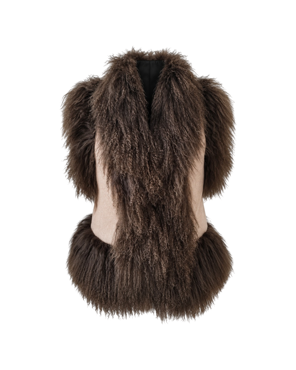 Shabnam vest by Aql&Nafs in beige cashmere-wool with long brown shearling trim