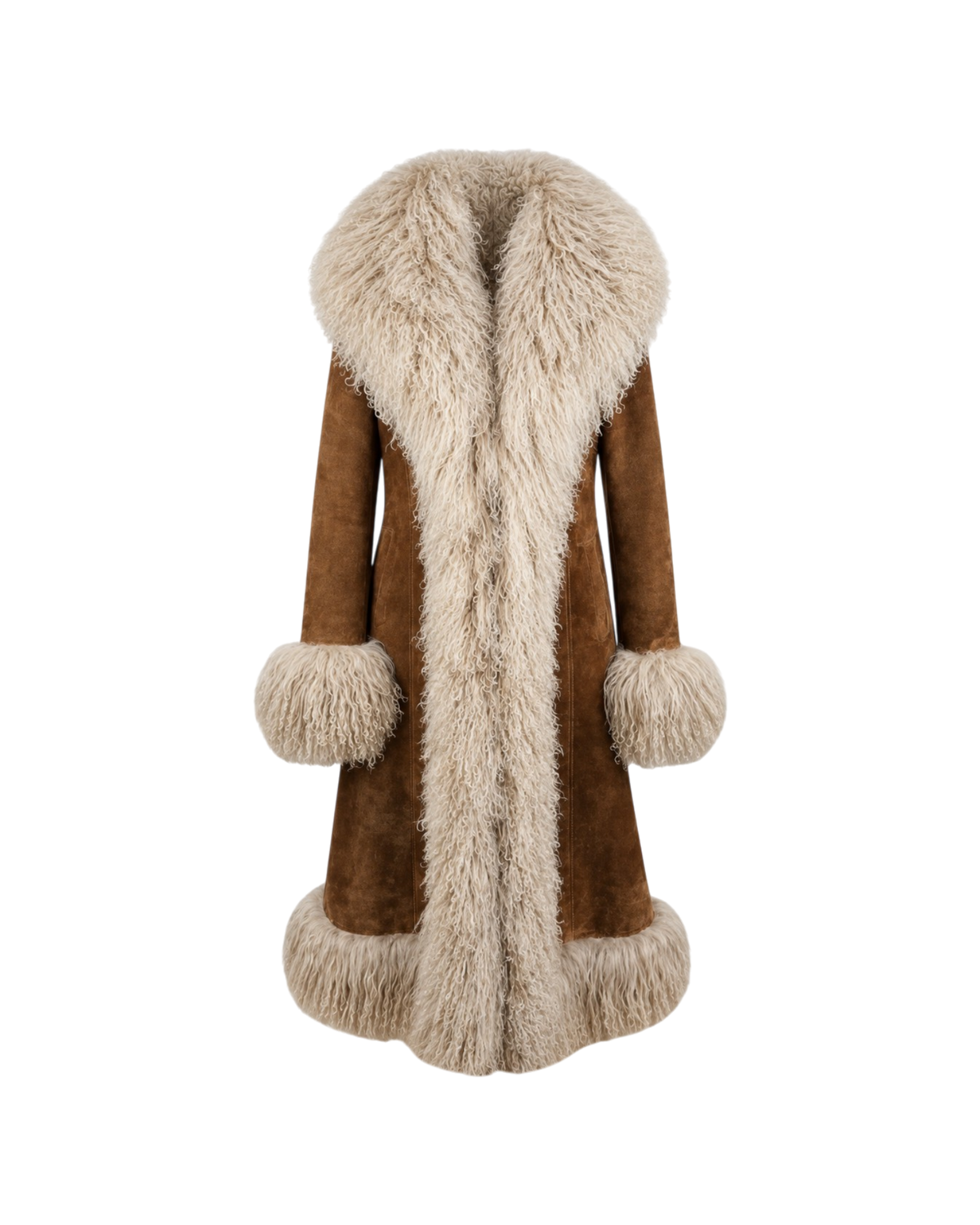 Aql&Nafs Elaha Mantel aus braunem Wildleder mit luxuriösem, beigem mongolischem Pelzbesatz im traditionellen Stil