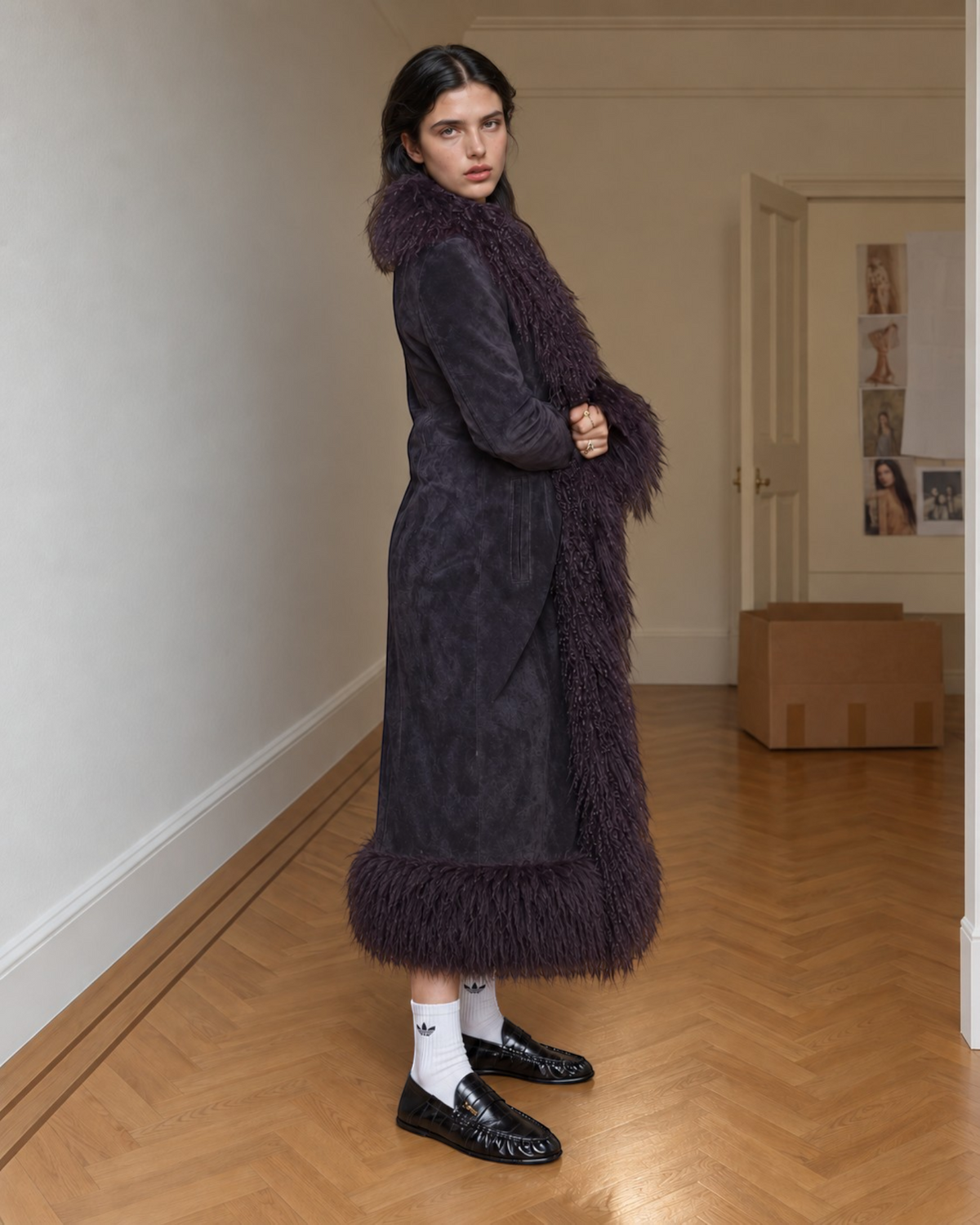 Irama coat by Aql&Nafs in dark brown suede with Mongolian shearling at collar, cuffs and hem