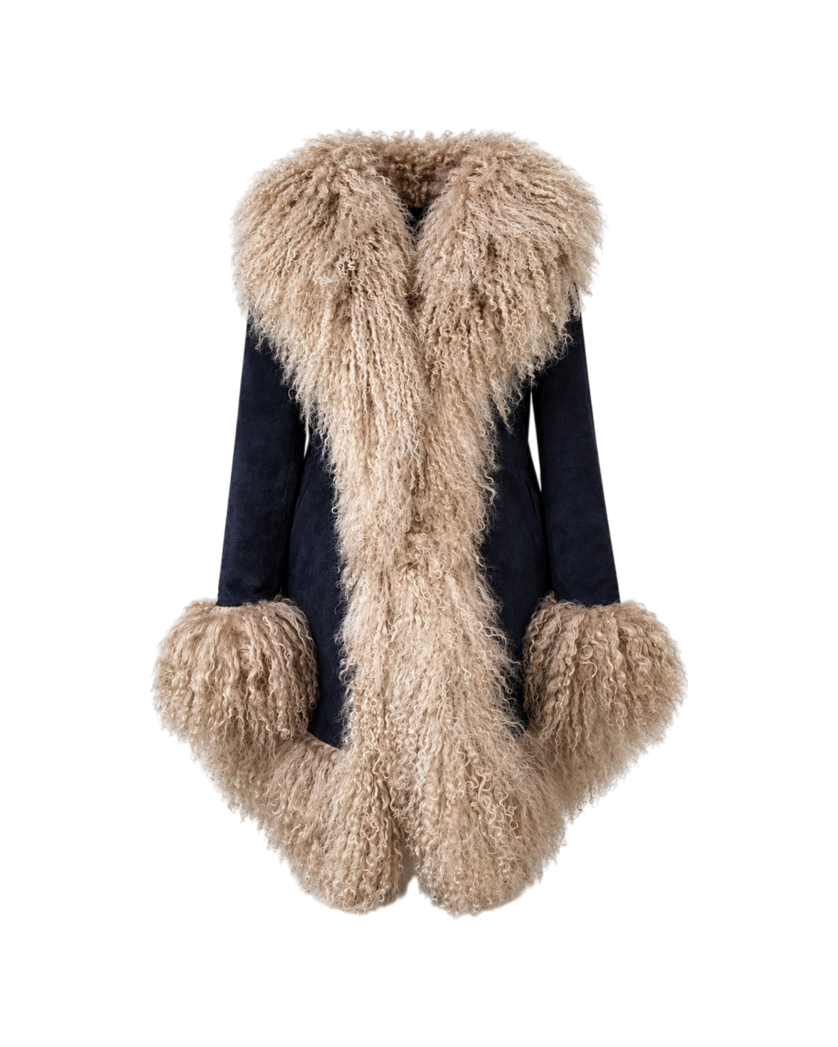 Aql&Nafs Sahara Jacke aus blauem Wildleder mit beigem mongolischem Pelzbesatz an Kragen und Ärmeln