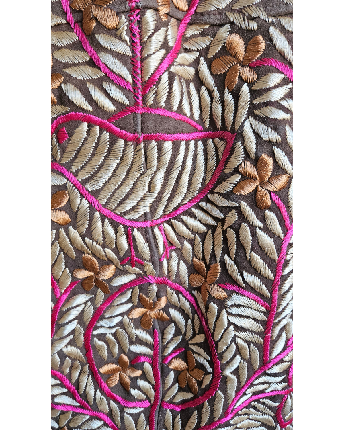Laily handmade Afghan coat by Aql&Nafs – heavy shearling, bronze and pink floral embroidery