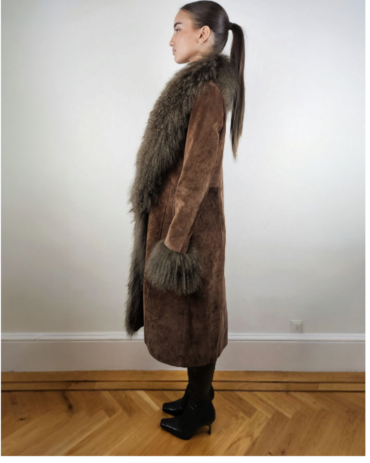 Mina coat by Aql&Nafs in brown suede with grey Mongolian shearling at collar and cuffs