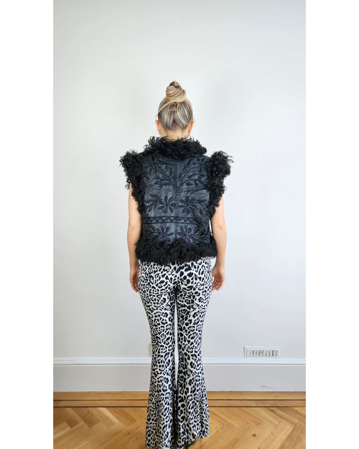 Homeira handmade Afghan vest by Aql&Nafs – black sheep leather, embroidery, curly shearling