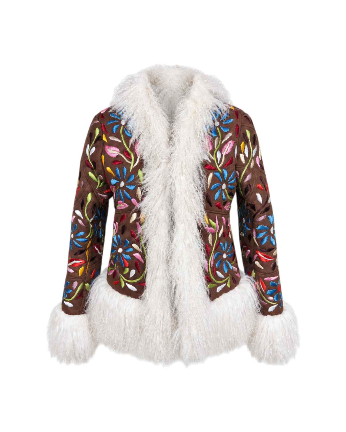 Aql&Nafs Mamuda Jacke aus kupferfarbenem Wildleder mit handgestickten Blumenmustern und weißem Lammfellbesatz.