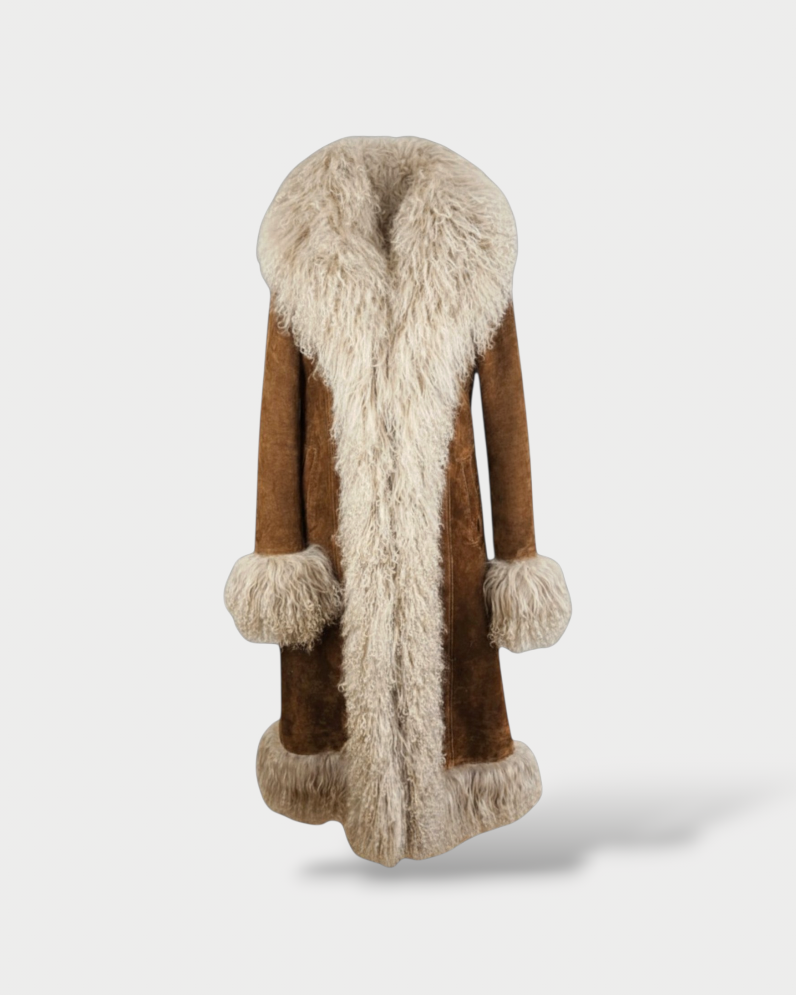 美品 NEZU YOHINTEN Mohair Shaggy AsianCoat Handmade Elaha Coat: Suede with Mongolian Fur Trim | Aql&Nafs