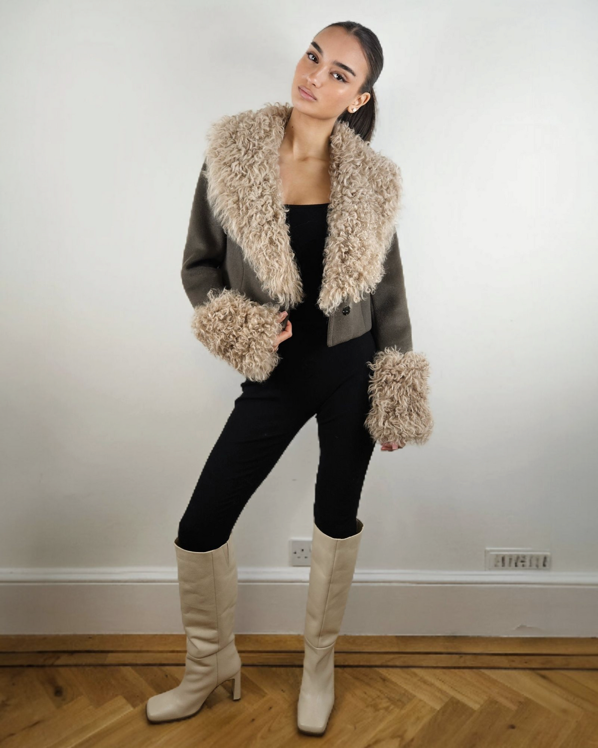 Iman cropped jacket by Aql&Nafs in brown cashmere-wool with shearling collar and cuffs