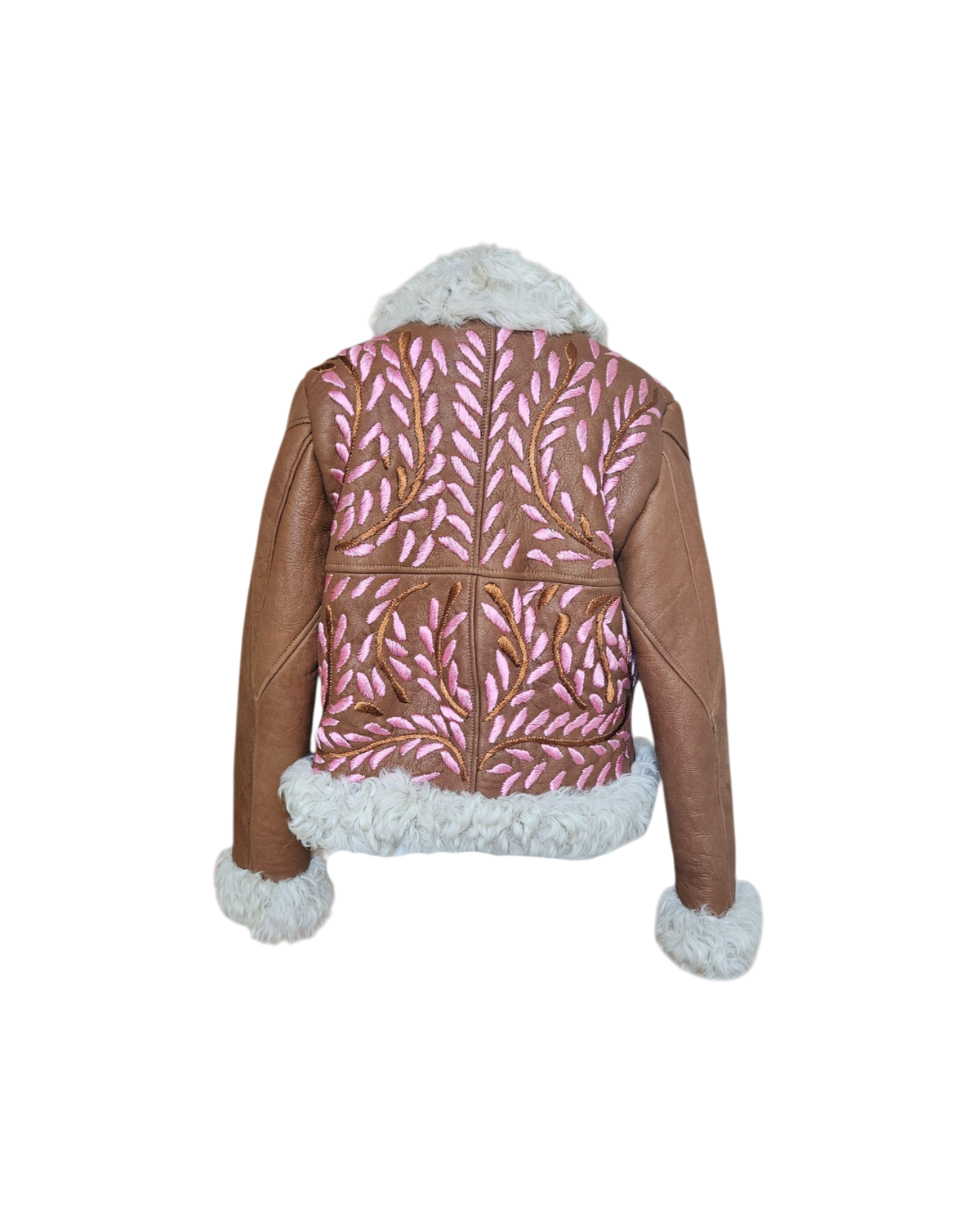 Amal handmade Afghan jacket by Aql&Nafs – brown leather, pink leaf embroidery, cream shearling