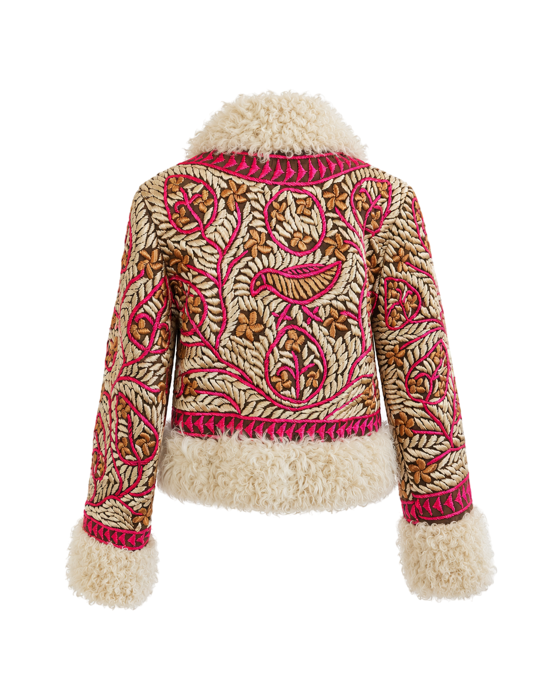 Nazia handmade Afghan cropped jacket by Aql&Nafs – pink-gold embroidery, cream shearling