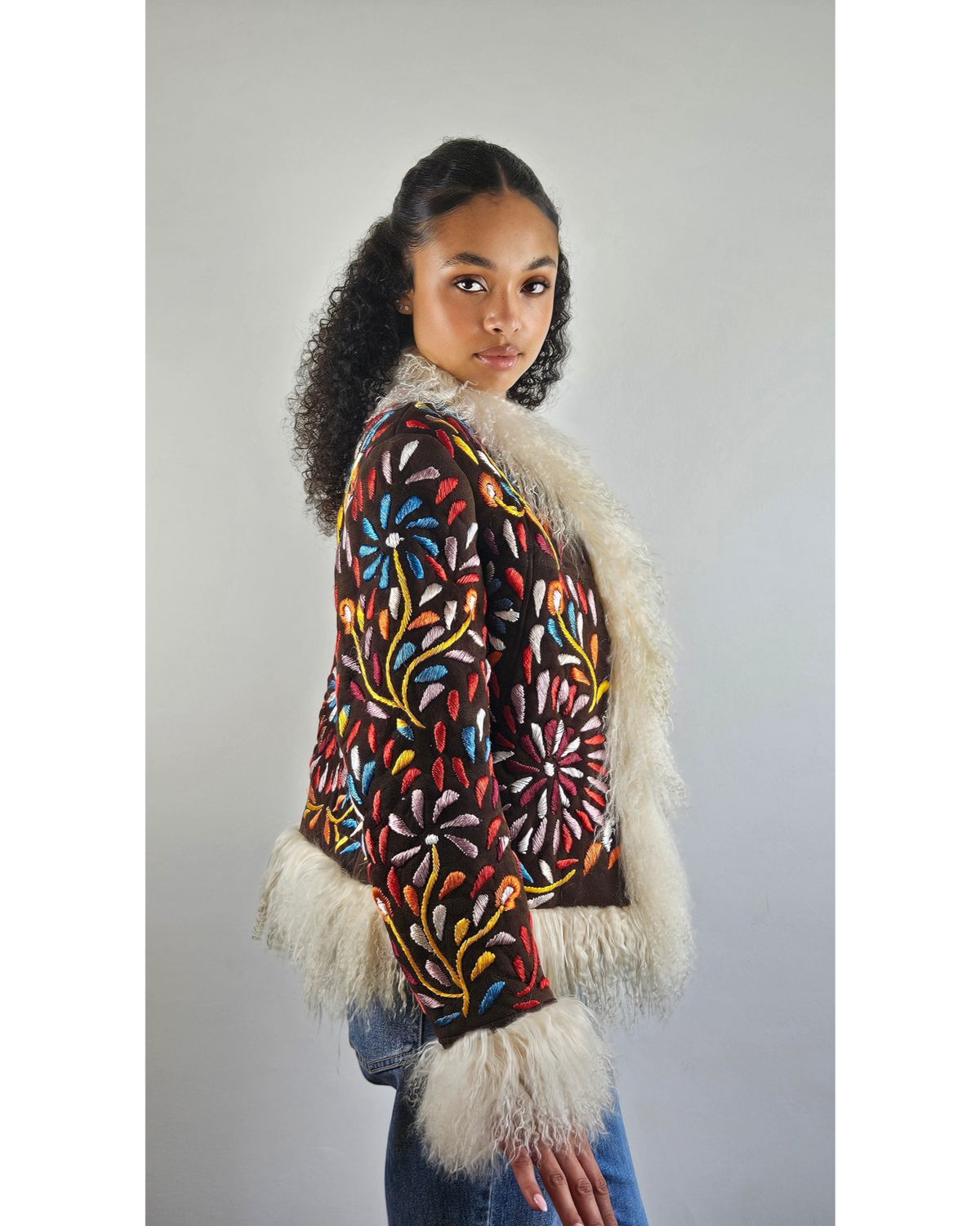Sulti handmade Afghan jacket by Aql&Nafs – copper leather, floral embroidery, white shearling