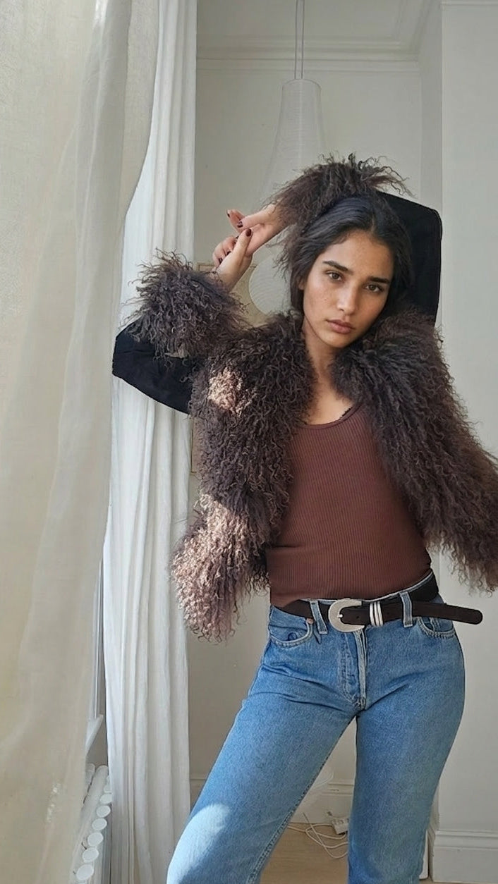 Cropped Shearling Jacket in Black & Brown #Colour_Black & Brown