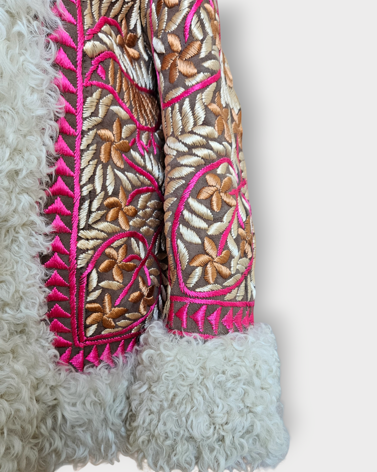 Laily handmade Afghan coat by Aql&Nafs – heavy shearling, bronze and pink floral embroidery
