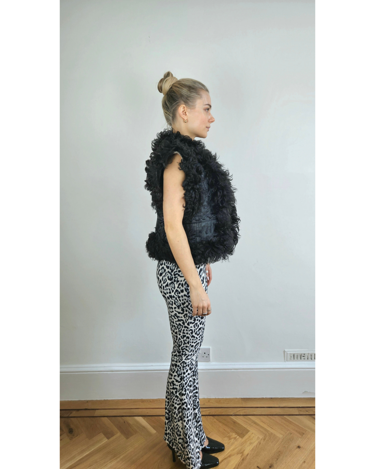 Homeira handmade Afghan vest by Aql&Nafs – black sheep leather, embroidery, curly shearling