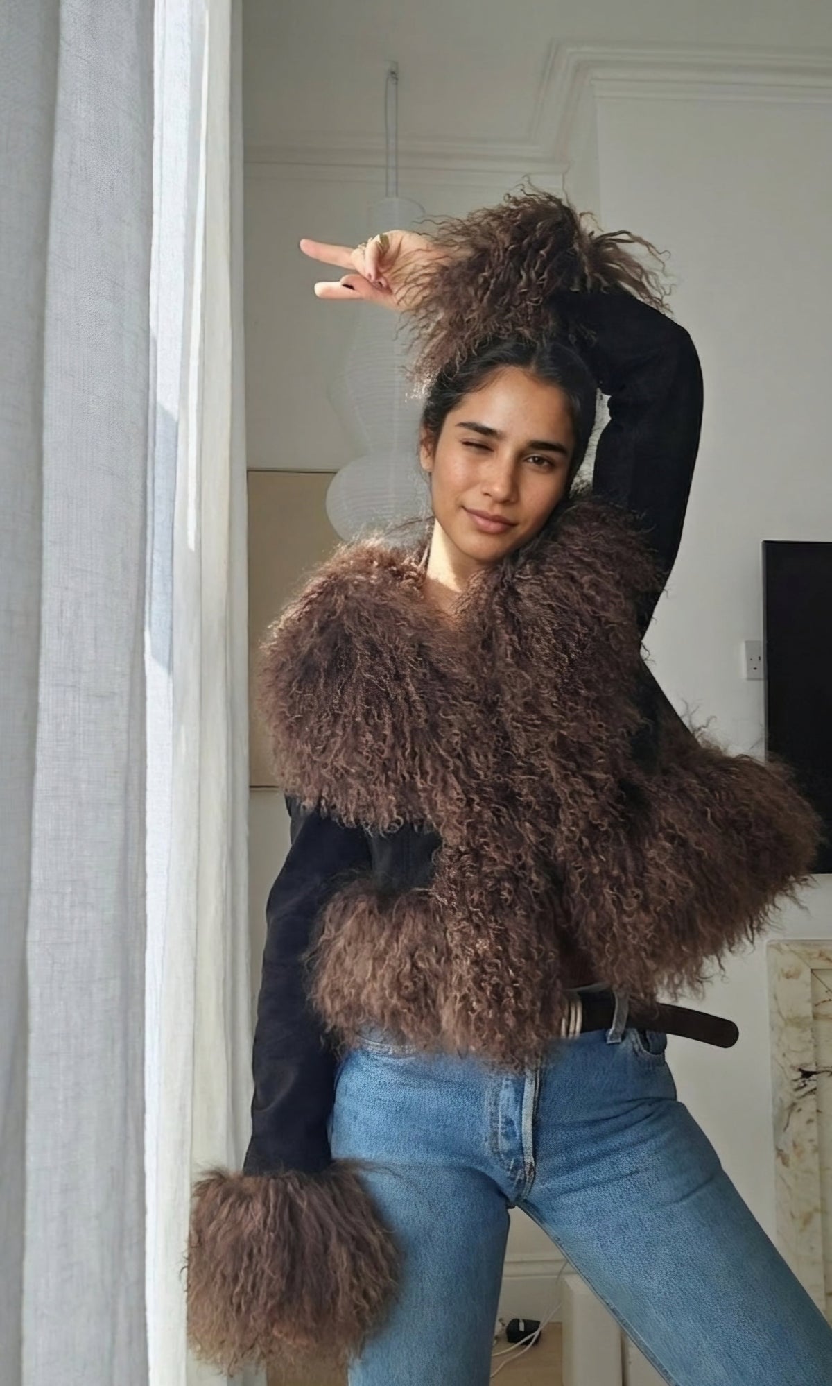 Cropped Shearling Jacket in Black & Brown #Colour_Black & Brown