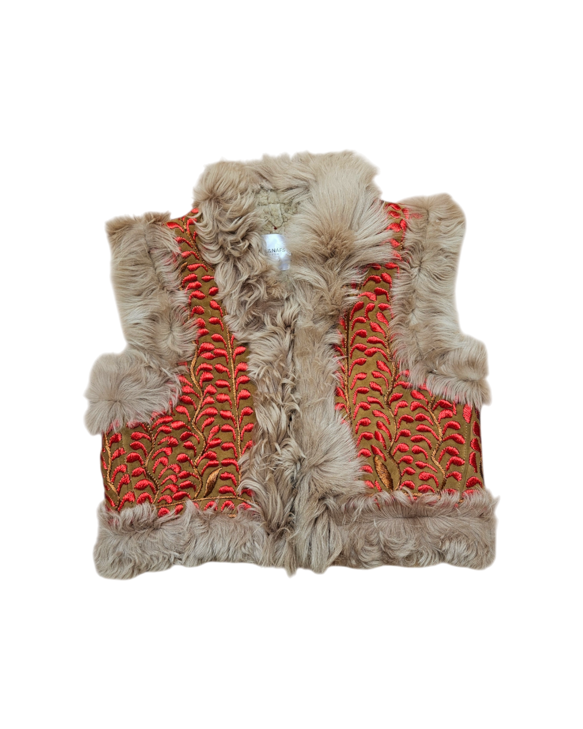 Anisa handmade Afghan vest with red embroidery and Mongolian curly fur trim - front view