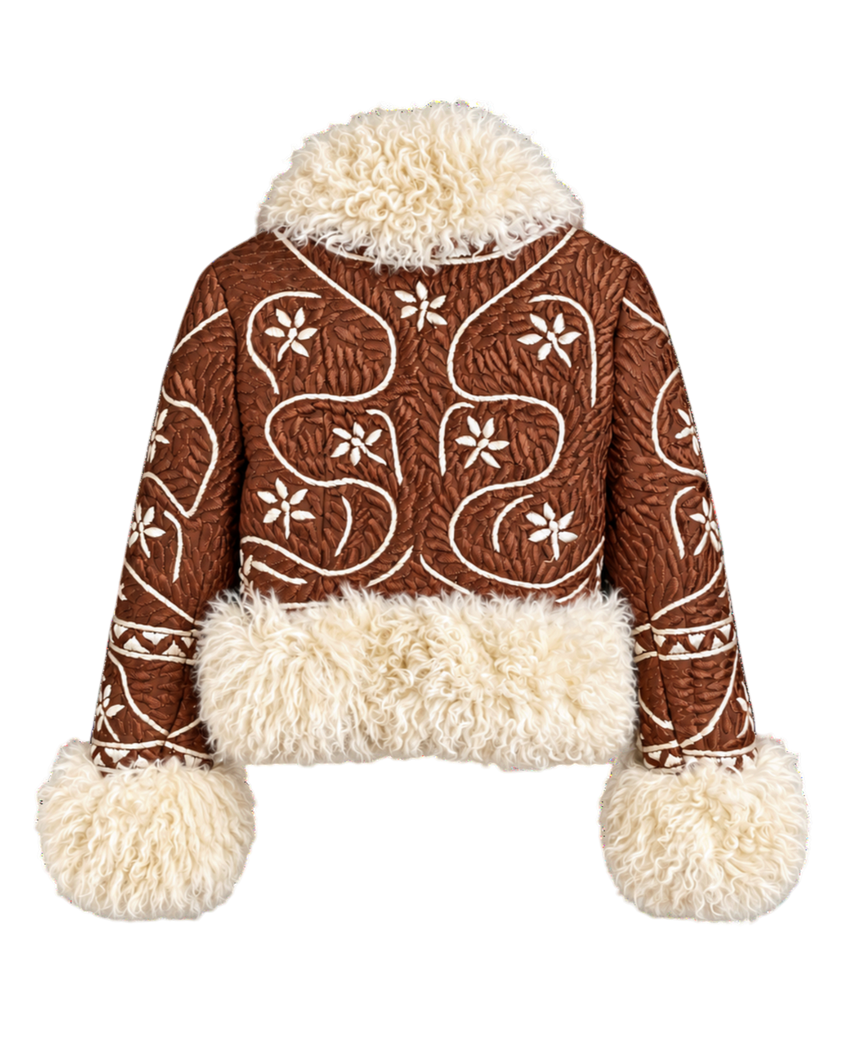 Ghazalia handmade Afghan cropped jacket by Aql&Nafs – copper suede, ivory embroidery, shearling