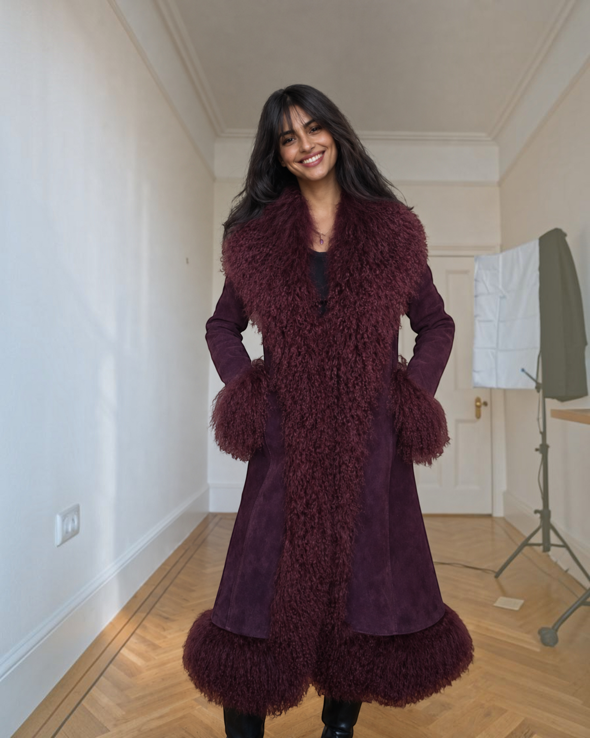 Mona premium Afghan coat by Aql&Nafs in violet goat suede with Mongolian shearling
