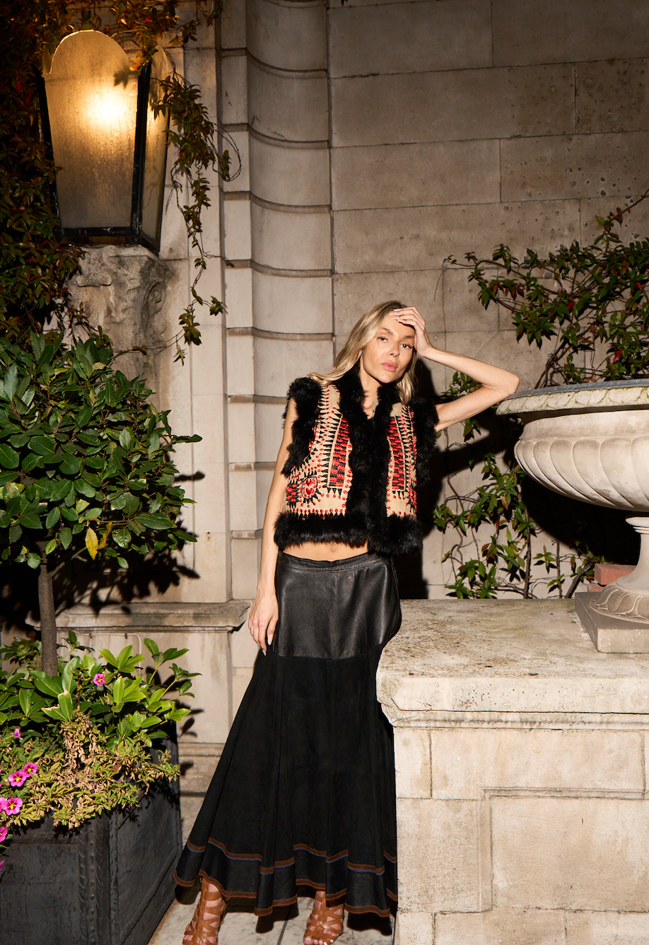 Lolaka handmade Afghan vest by Aql&Nafs – suede, red embroidery, black curly shearling