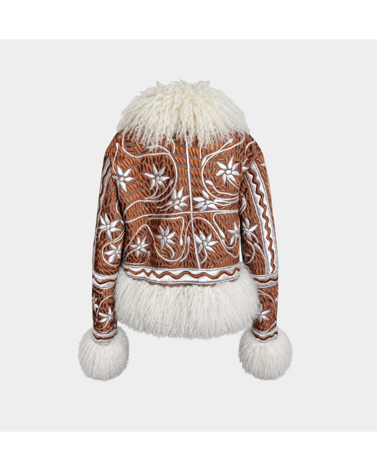 Ghazali handmade Afghan cropped jacket by Aql&Nafs – copper suede, ivory embroidery, shearling