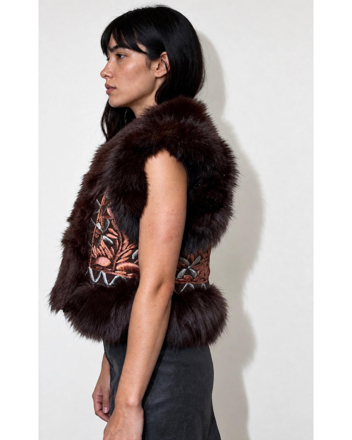 Mastana handmade Afghan vest by Aql&Nafs – gold embroidery, brown rabbit fur