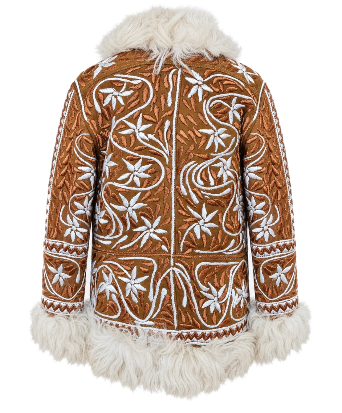 Ghazal handmade Afghan coat by Aql&Nafs – copper suede, ivory embroidery, natural shearling