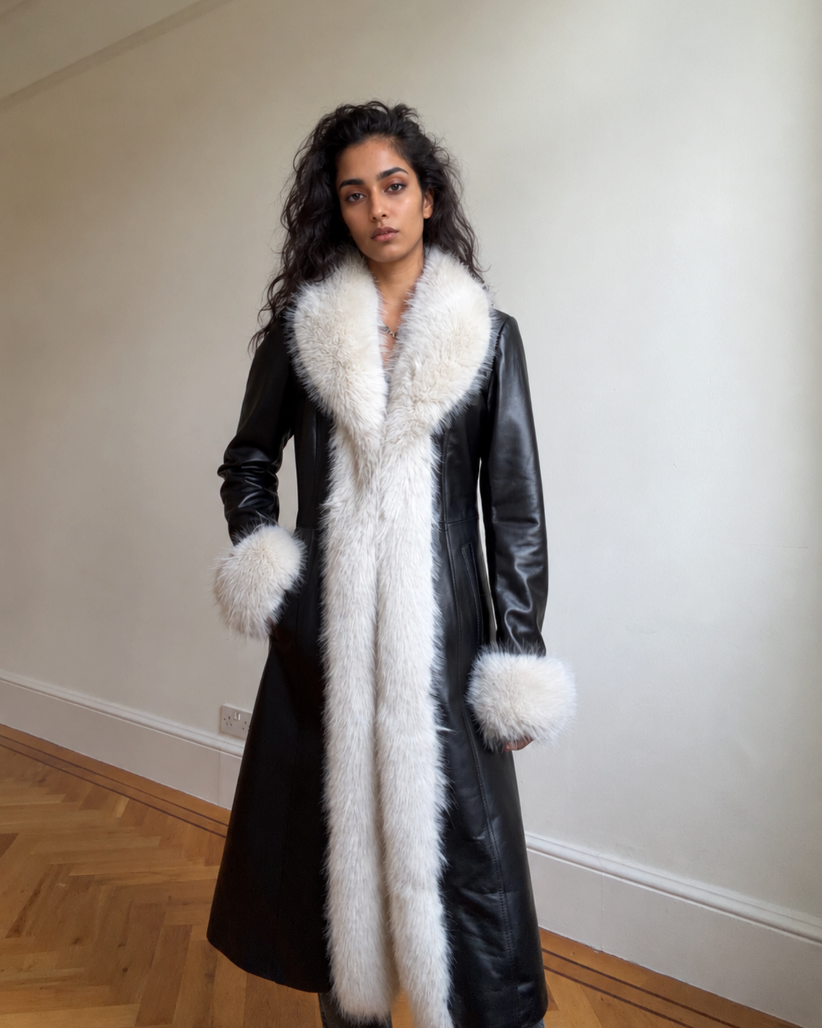 Aql&Nafs Parwana Mantel aus schwarzem Leder mit luxuriösem, weißem Kunstpelzbesatz im traditionellen afghanischen Stil